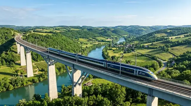 High-speed train crossing a viaduct over a green river valley in the European countryside